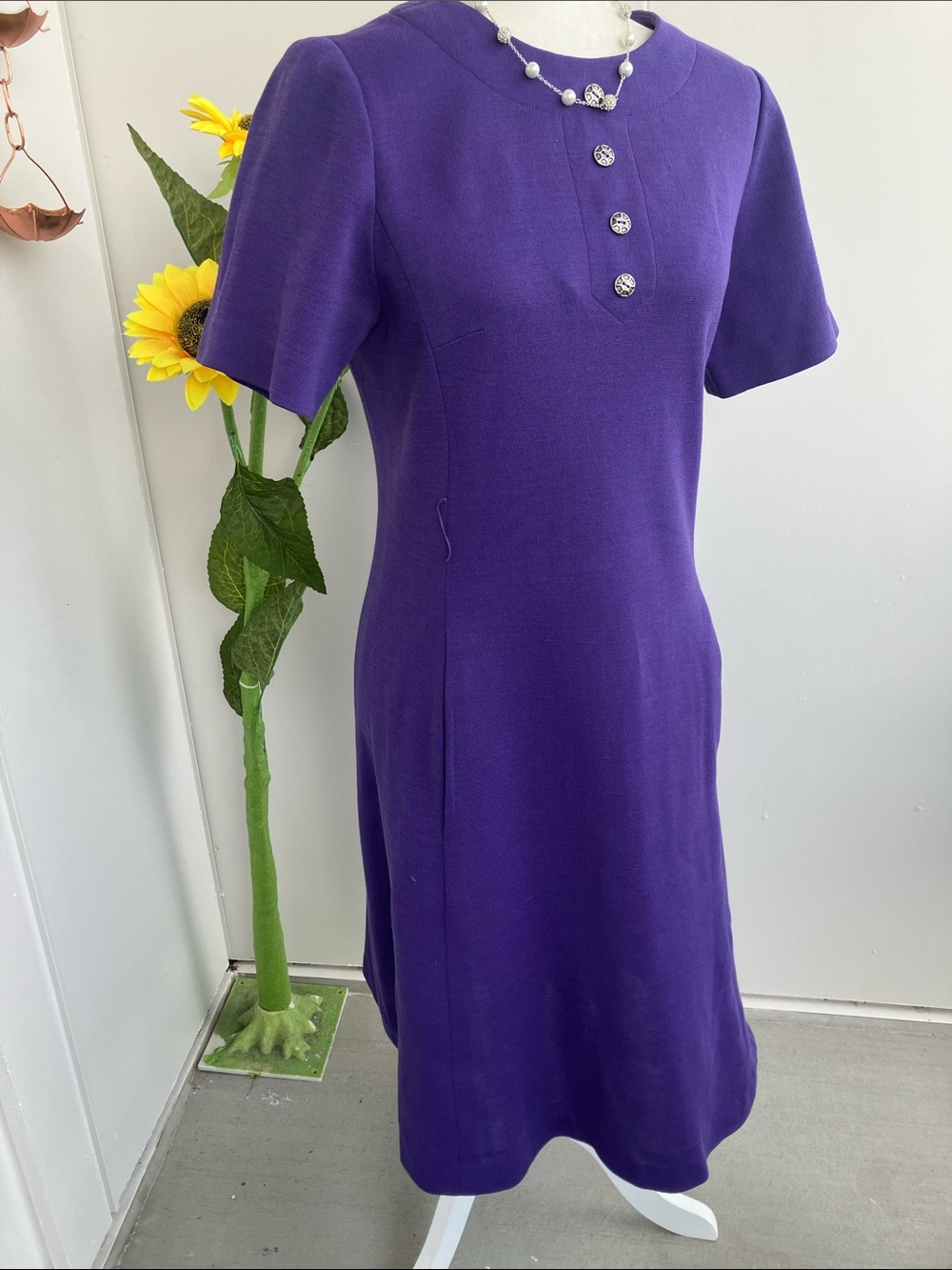 Vintage 60s 70s Monochrome Purple Short Sleeve Midi Dress Faux Silver Buttons